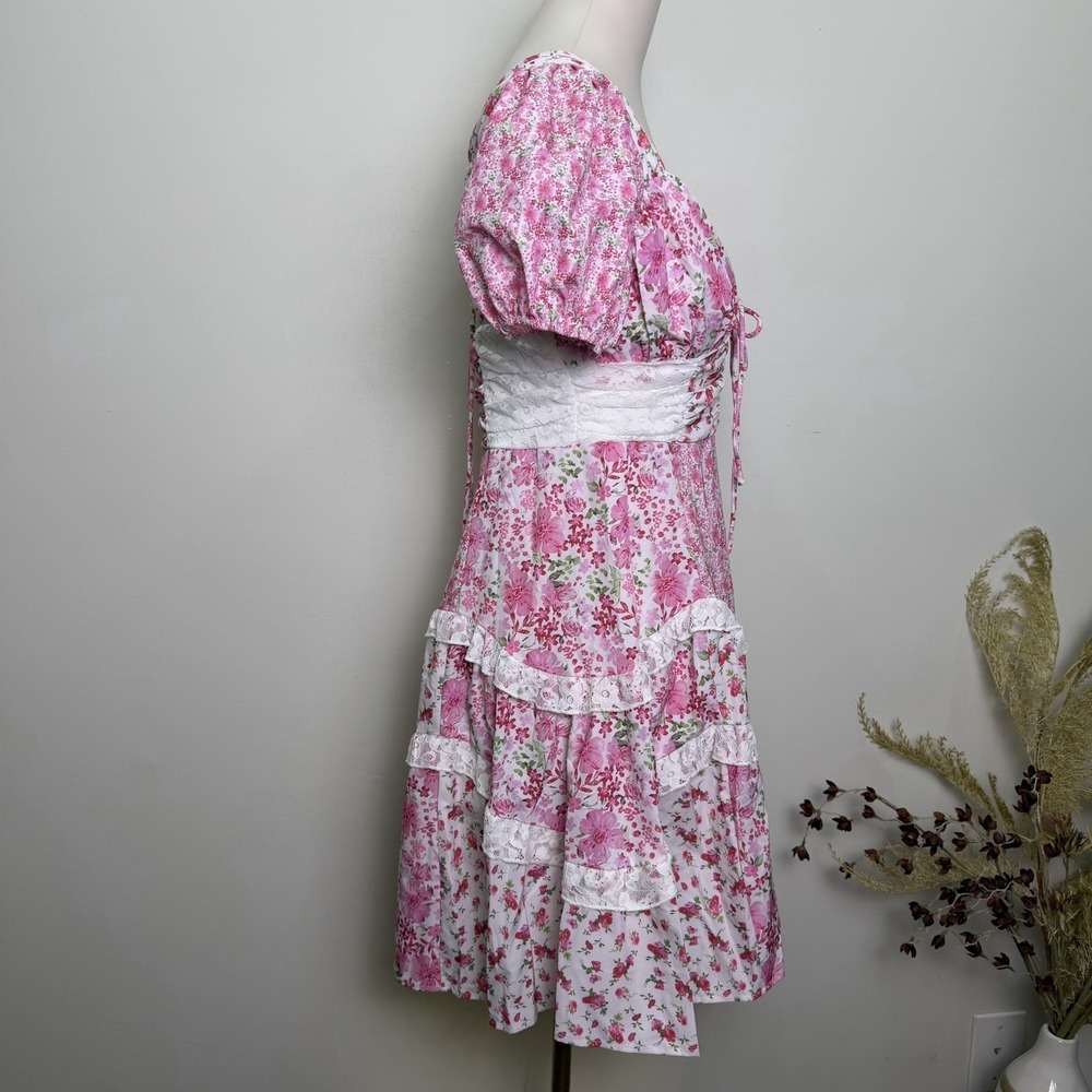 Cottagecore Dress Patchwork Lace Ruffle Pink Floral Mini Coquette Milkmaid M - Picture 4 of 7